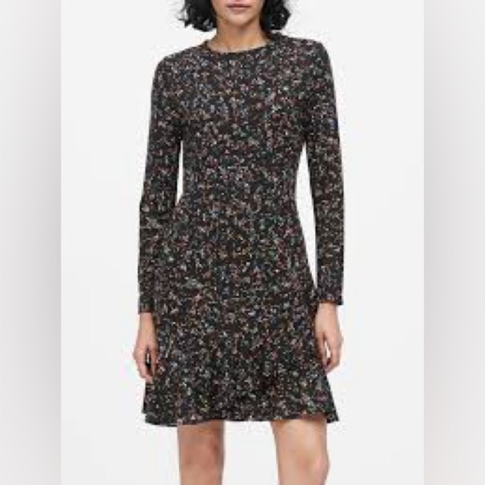 Banana Republic Womens 10 Black Floral Confetti Long Sleeve Ruffle Mini Dress